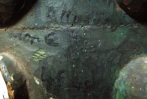 African Tribal Art - Helmet mask, Boki, Nigeria, detail of writing
