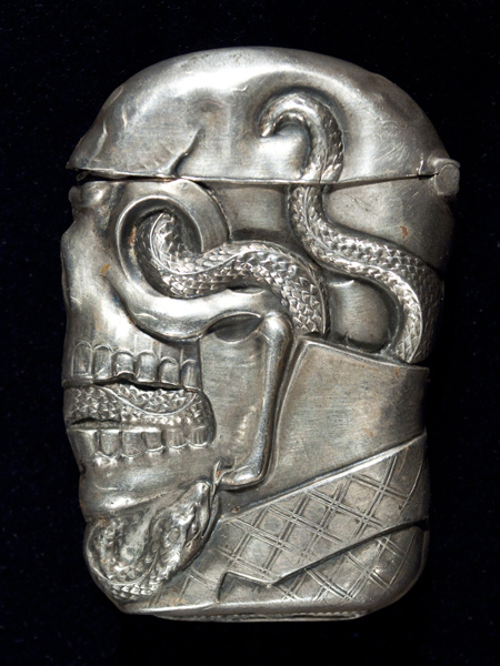 Skull and serpent sterling match safe, reverse